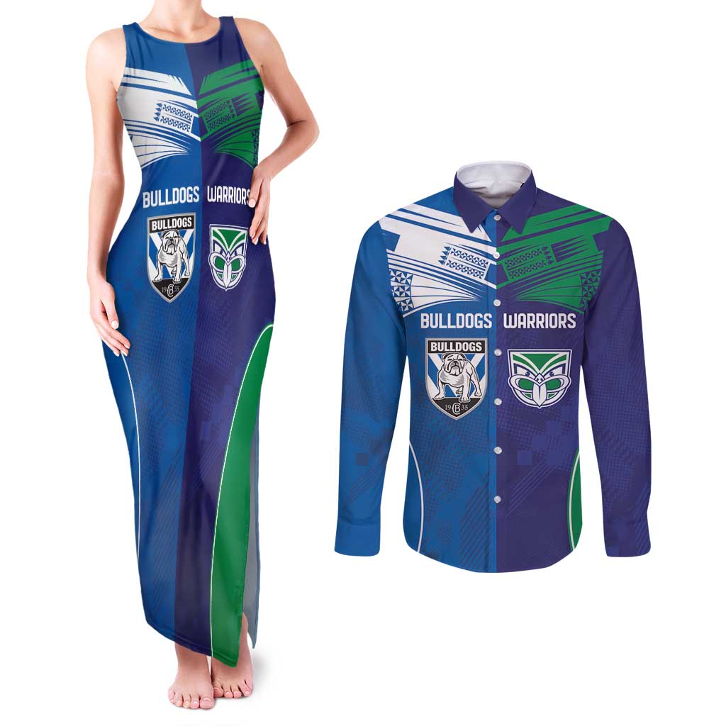 Custom Warriors-Bulldogs Couples Matching Tank Maxi Dress and Long Sleeve Button Shirt Together Sporty Style