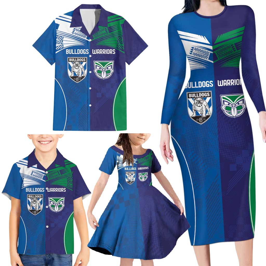 Custom Warriors-Bulldogs Family Matching Long Sleeve Bodycon Dress and Hawaiian Shirt Together Sporty Style