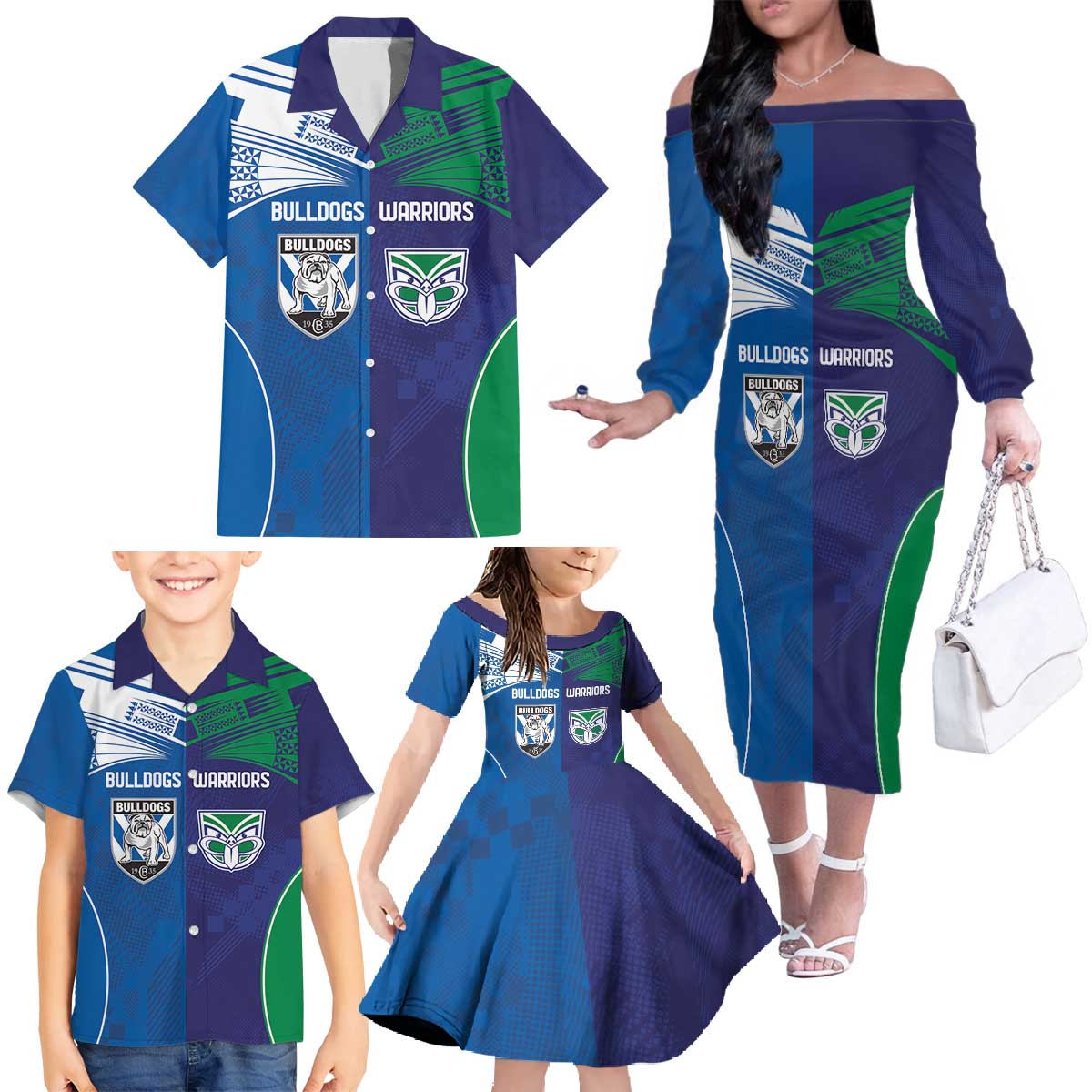 Custom Warriors-Bulldogs Family Matching Off The Shoulder Long Sleeve Dress and Hawaiian Shirt Together Sporty Style