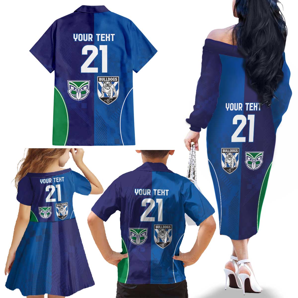 Custom Warriors-Bulldogs Family Matching Off The Shoulder Long Sleeve Dress and Hawaiian Shirt Together Sporty Style