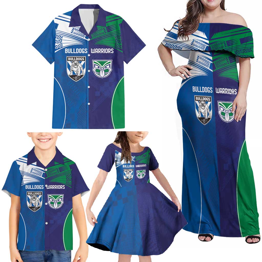 Custom Warriors-Bulldogs Family Matching Off Shoulder Maxi Dress and Hawaiian Shirt Together Sporty Style