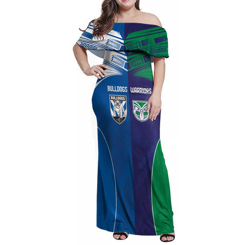 Custom Warriors-Bulldogs Family Matching Off Shoulder Maxi Dress and Hawaiian Shirt Together Sporty Style