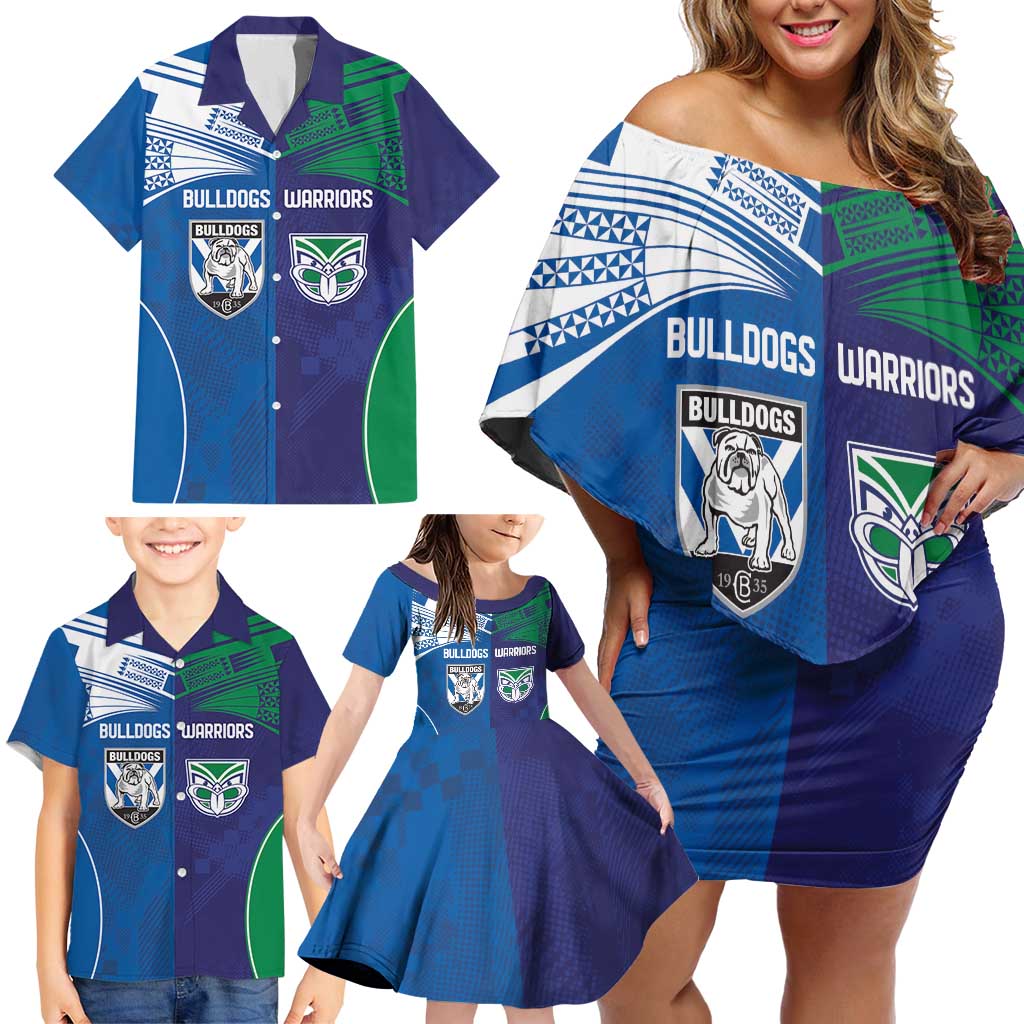 Custom Warriors-Bulldogs Family Matching Off Shoulder Short Dress and Hawaiian Shirt Together Sporty Style