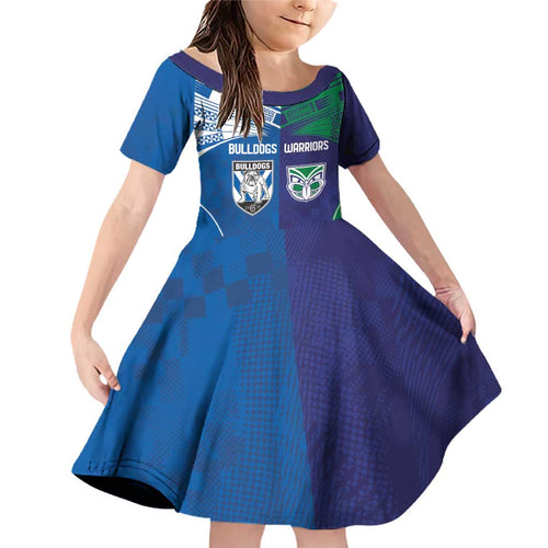 Custom Warriors-Bulldogs Family Matching Off Shoulder Short Dress and Hawaiian Shirt Together Sporty Style