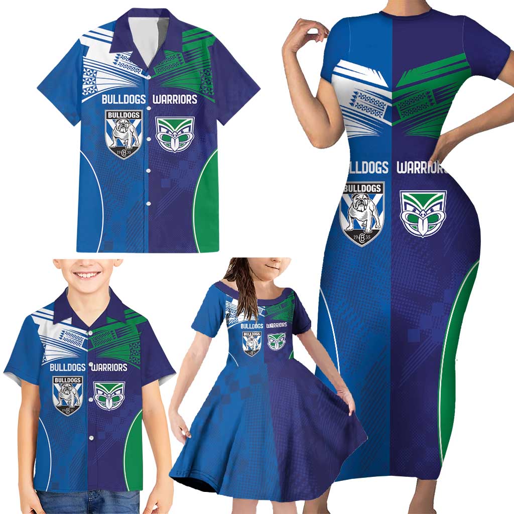 Custom Warriors-Bulldogs Family Matching Short Sleeve Bodycon Dress and Hawaiian Shirt Together Sporty Style