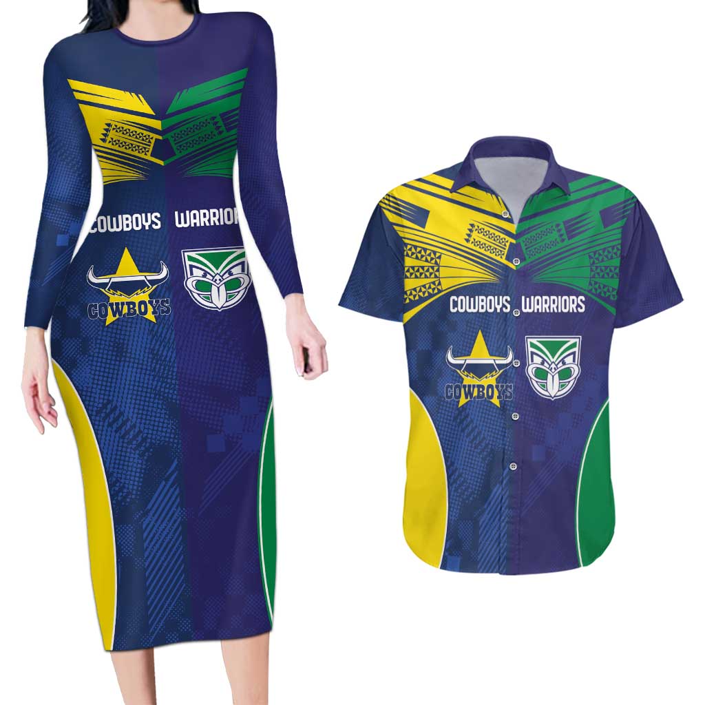 Custom Warriors-Cowboys Couples Matching Long Sleeve Bodycon Dress and Hawaiian Shirt Together Sporty Style