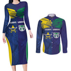 Custom Warriors-Cowboys Couples Matching Long Sleeve Bodycon Dress and Long Sleeve Button Shirt Together Sporty Style