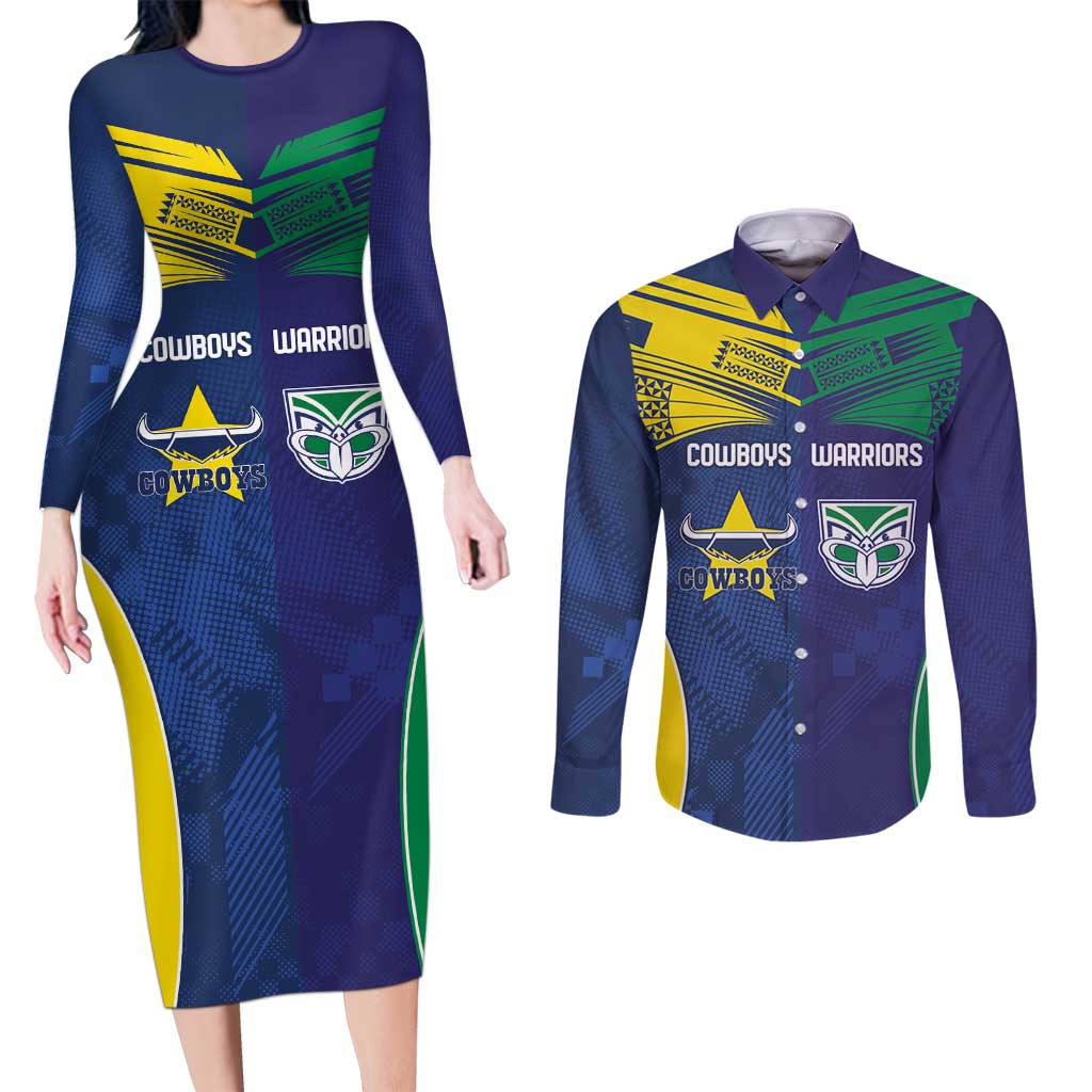 Custom Warriors-Cowboys Couples Matching Long Sleeve Bodycon Dress and Long Sleeve Button Shirt Together Sporty Style