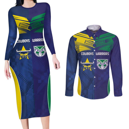 Custom Warriors-Cowboys Couples Matching Long Sleeve Bodycon Dress and Long Sleeve Button Shirt Together Sporty Style