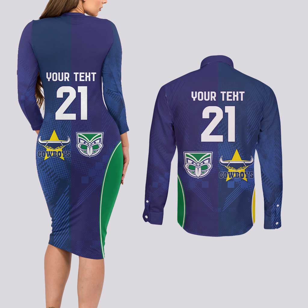 Custom Warriors-Cowboys Couples Matching Long Sleeve Bodycon Dress and Long Sleeve Button Shirt Together Sporty Style