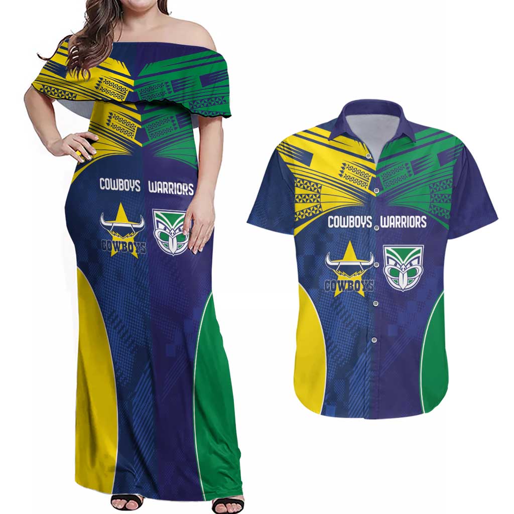 Custom Warriors-Cowboys Couples Matching Off Shoulder Maxi Dress and Hawaiian Shirt Together Sporty Style