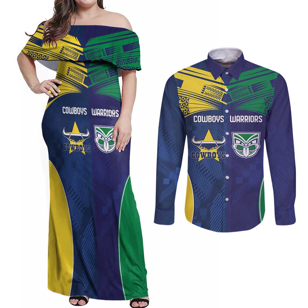 Custom Warriors-Cowboys Couples Matching Off Shoulder Maxi Dress and Long Sleeve Button Shirt Together Sporty Style