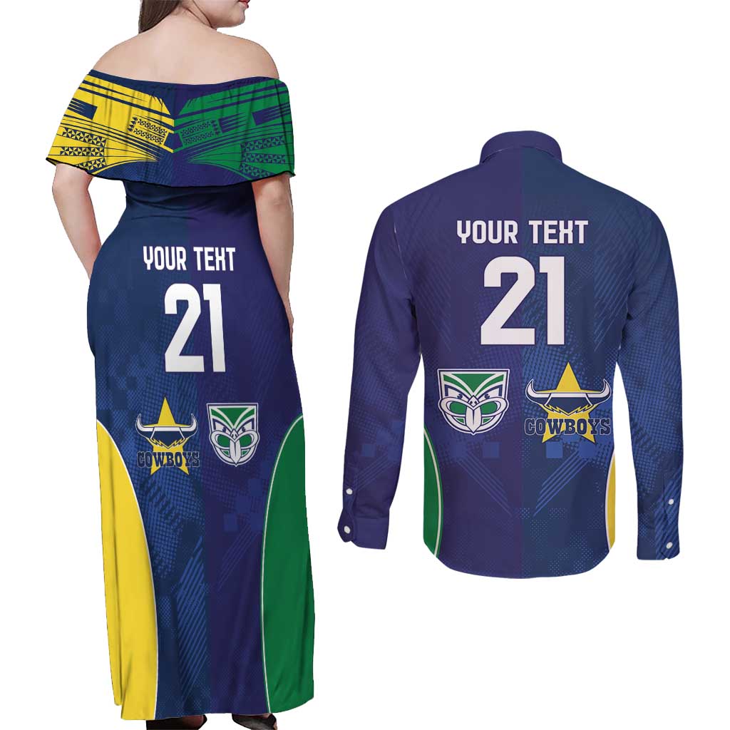 Custom Warriors-Cowboys Couples Matching Off Shoulder Maxi Dress and Long Sleeve Button Shirt Together Sporty Style