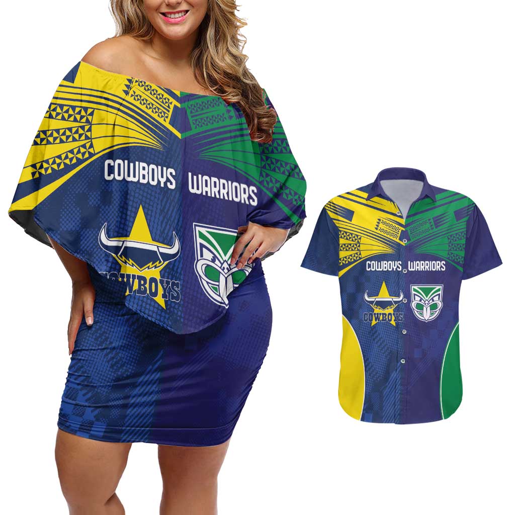 Custom Warriors-Cowboys Couples Matching Off Shoulder Short Dress and Hawaiian Shirt Together Sporty Style