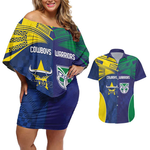 Custom Warriors-Cowboys Couples Matching Off Shoulder Short Dress and Hawaiian Shirt Together Sporty Style