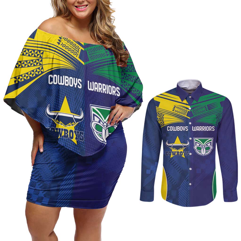 Custom Warriors-Cowboys Couples Matching Off Shoulder Short Dress and Long Sleeve Button Shirt Together Sporty Style