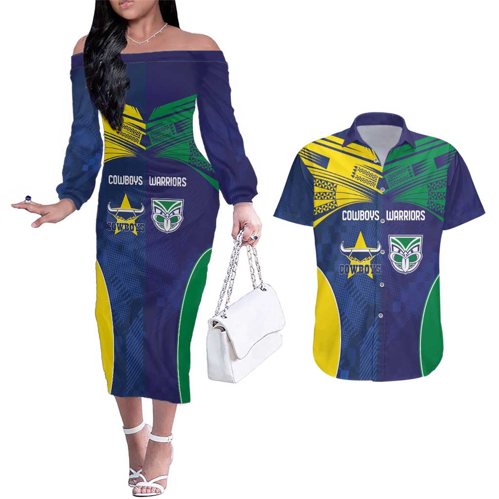 Custom Warriors-Cowboys Couples Matching Off The Shoulder Long Sleeve Dress and Hawaiian Shirt Together Sporty Style