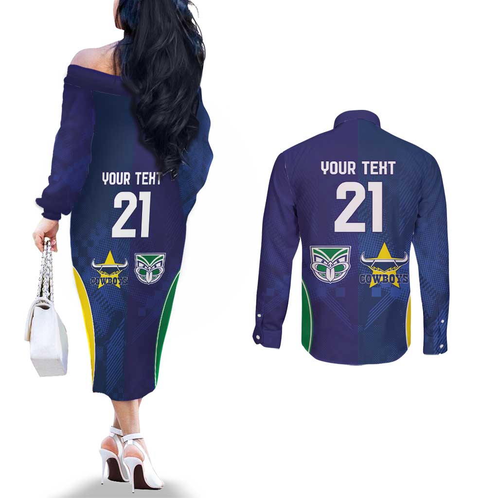 Custom Warriors-Cowboys Couples Matching Off The Shoulder Long Sleeve Dress and Long Sleeve Button Shirt Together Sporty Style