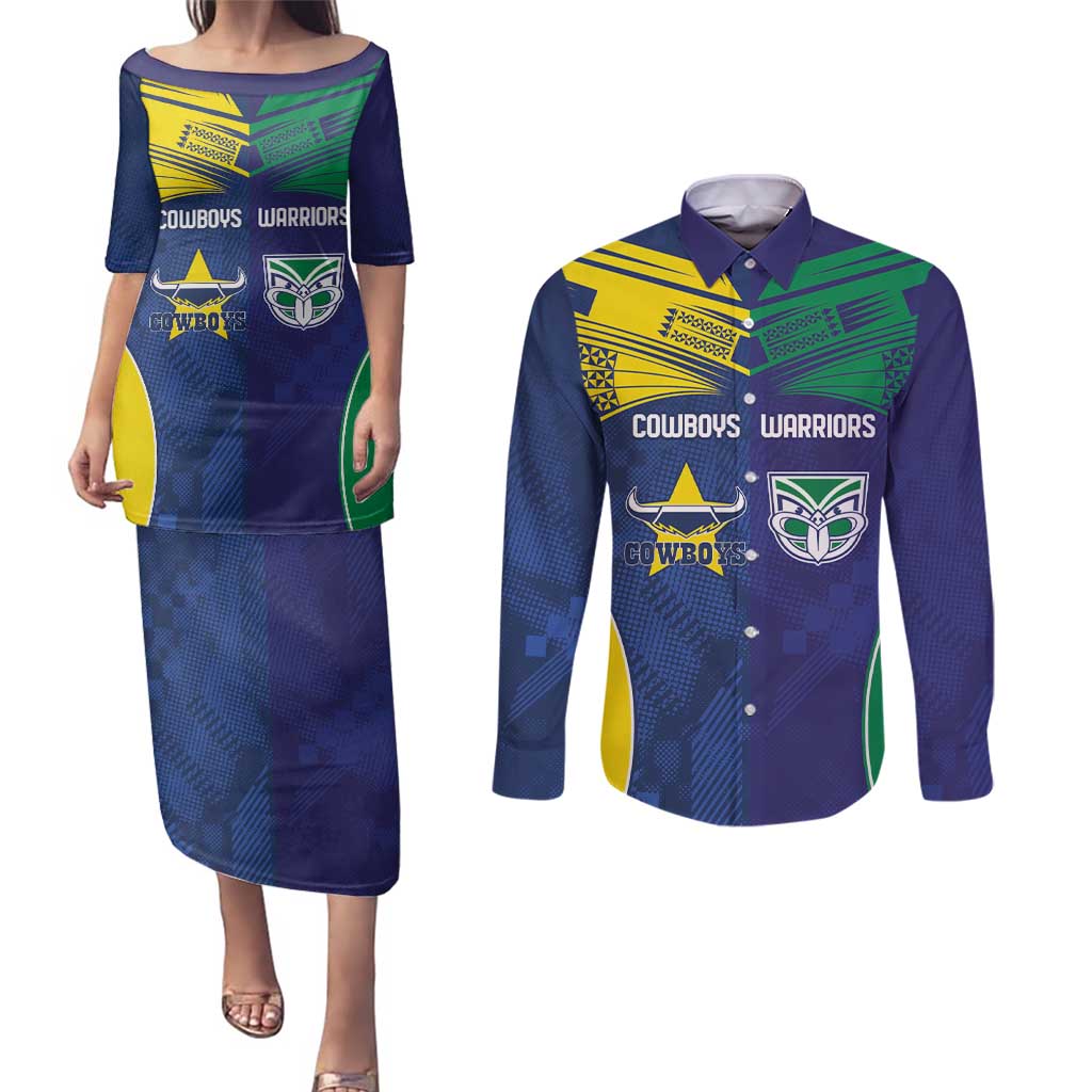 Custom Warriors-Cowboys Couples Matching Puletasi and Long Sleeve Button Shirt Together Sporty Style