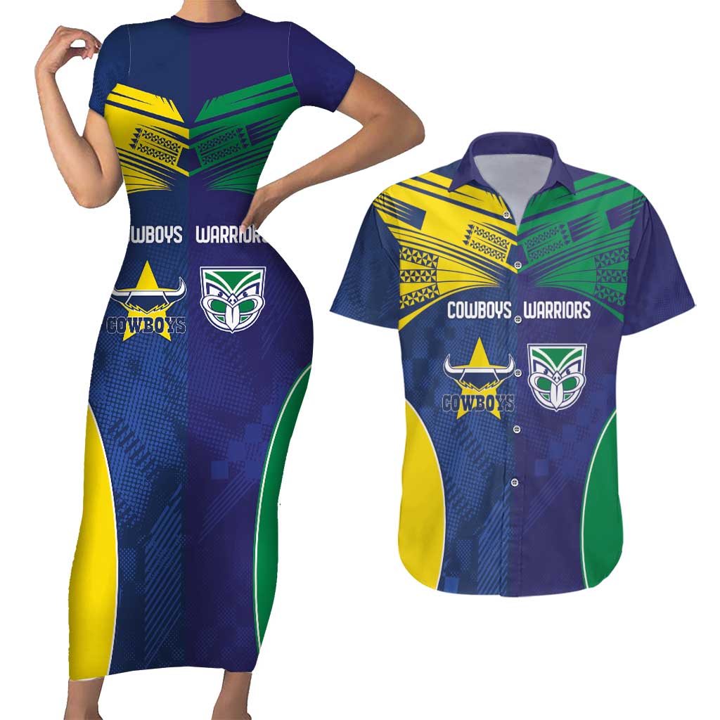 Custom Warriors-Cowboys Couples Matching Short Sleeve Bodycon Dress and Hawaiian Shirt Together Sporty Style