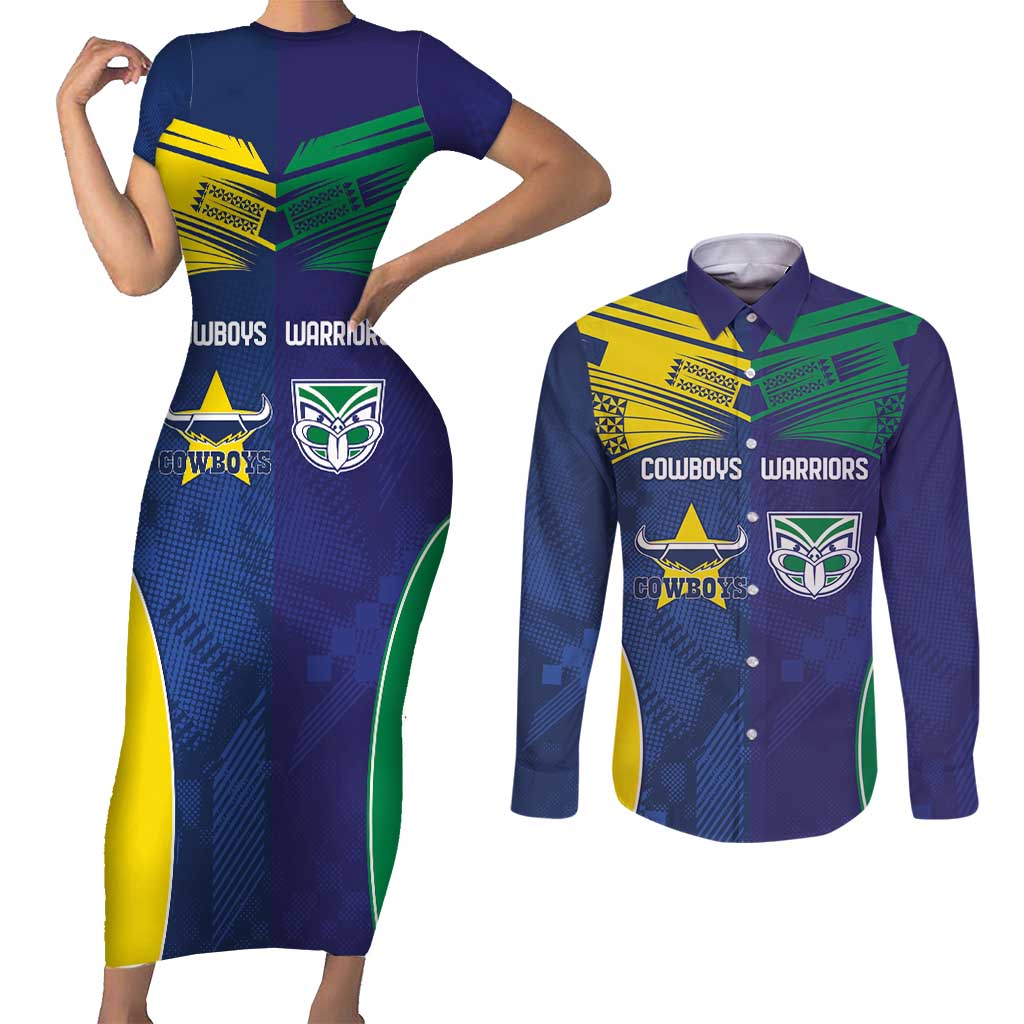 Custom Warriors-Cowboys Couples Matching Short Sleeve Bodycon Dress and Long Sleeve Button Shirt Together Sporty Style
