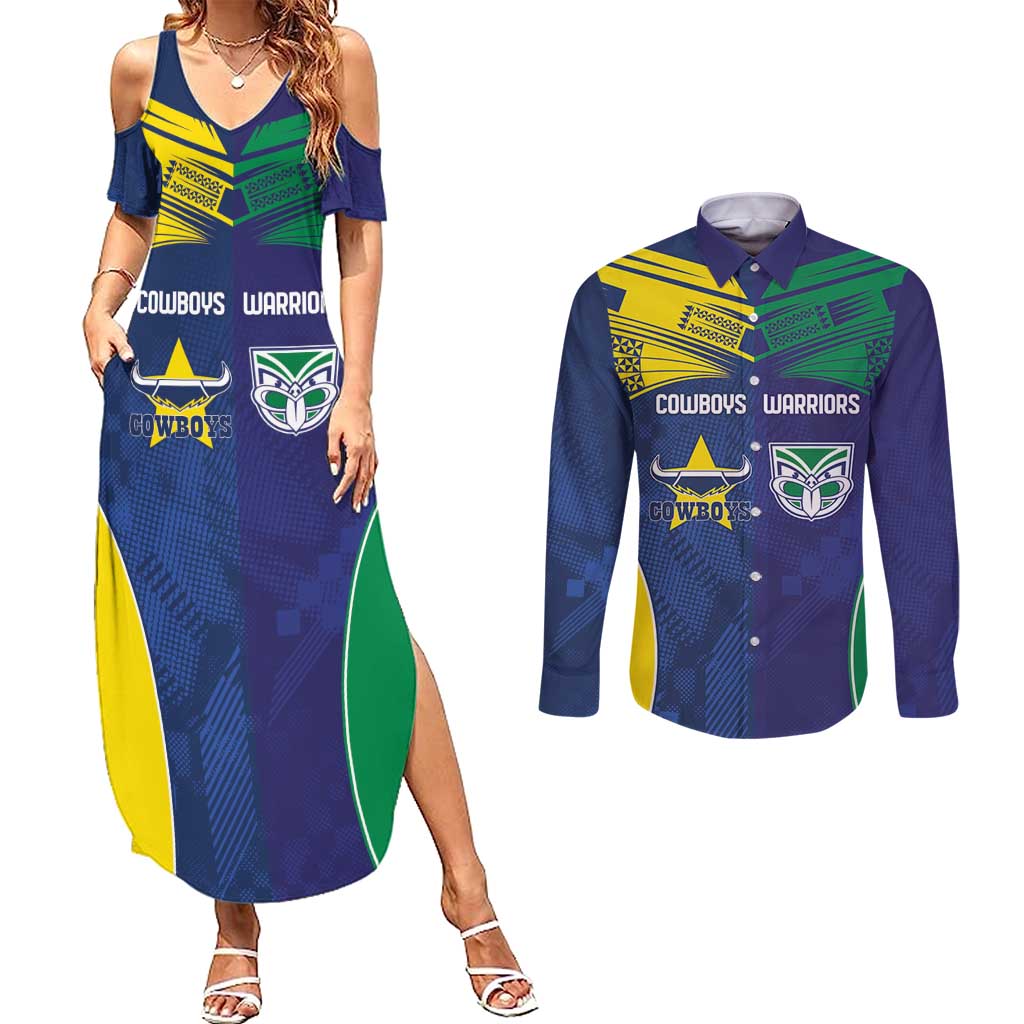 Custom Warriors-Cowboys Couples Matching Summer Maxi Dress and Long Sleeve Button Shirt Together Sporty Style