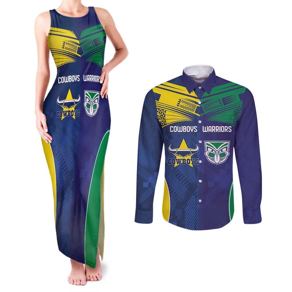 Custom Warriors-Cowboys Couples Matching Tank Maxi Dress and Long Sleeve Button Shirt Together Sporty Style