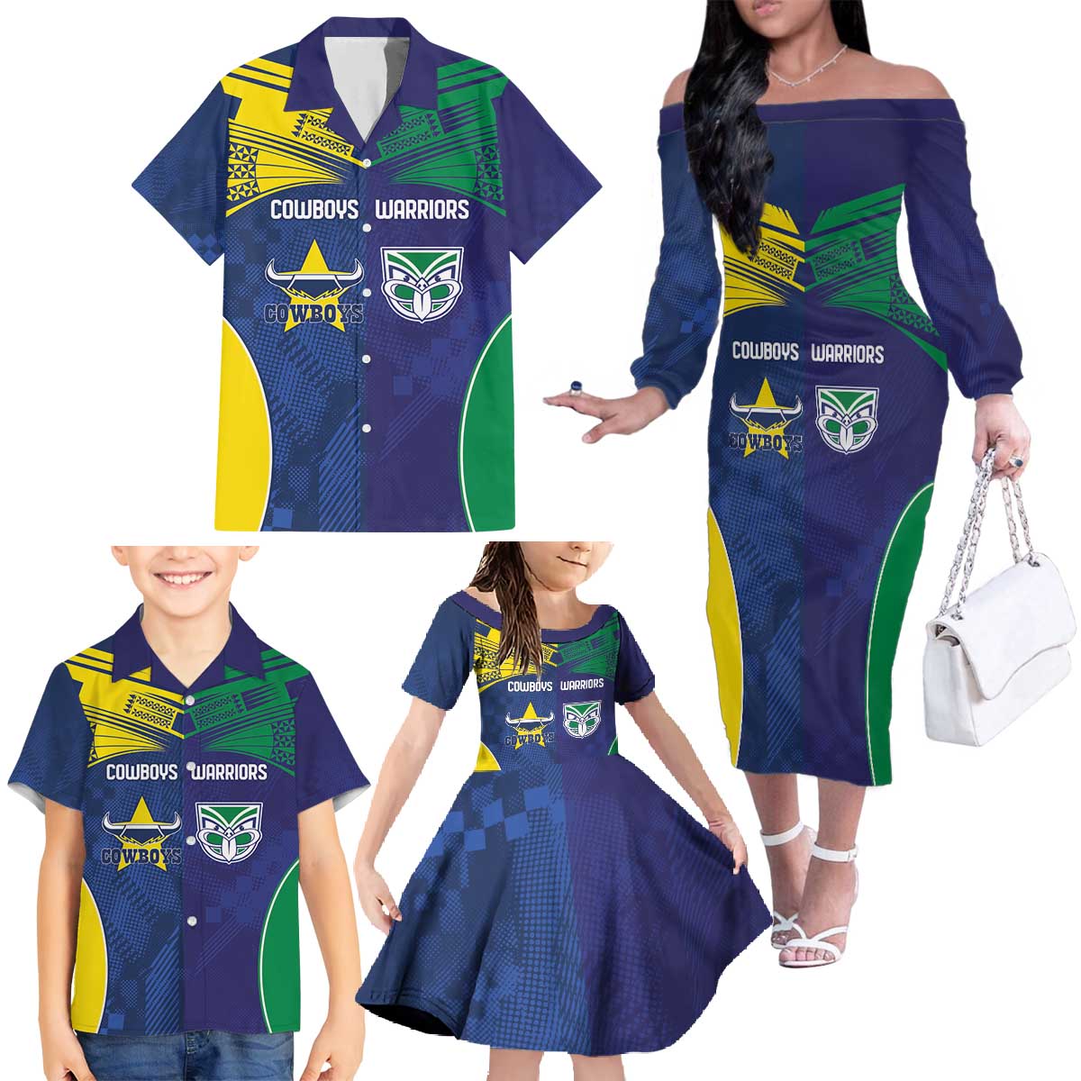 Custom Warriors-Cowboys Family Matching Off The Shoulder Long Sleeve Dress and Hawaiian Shirt Together Sporty Style