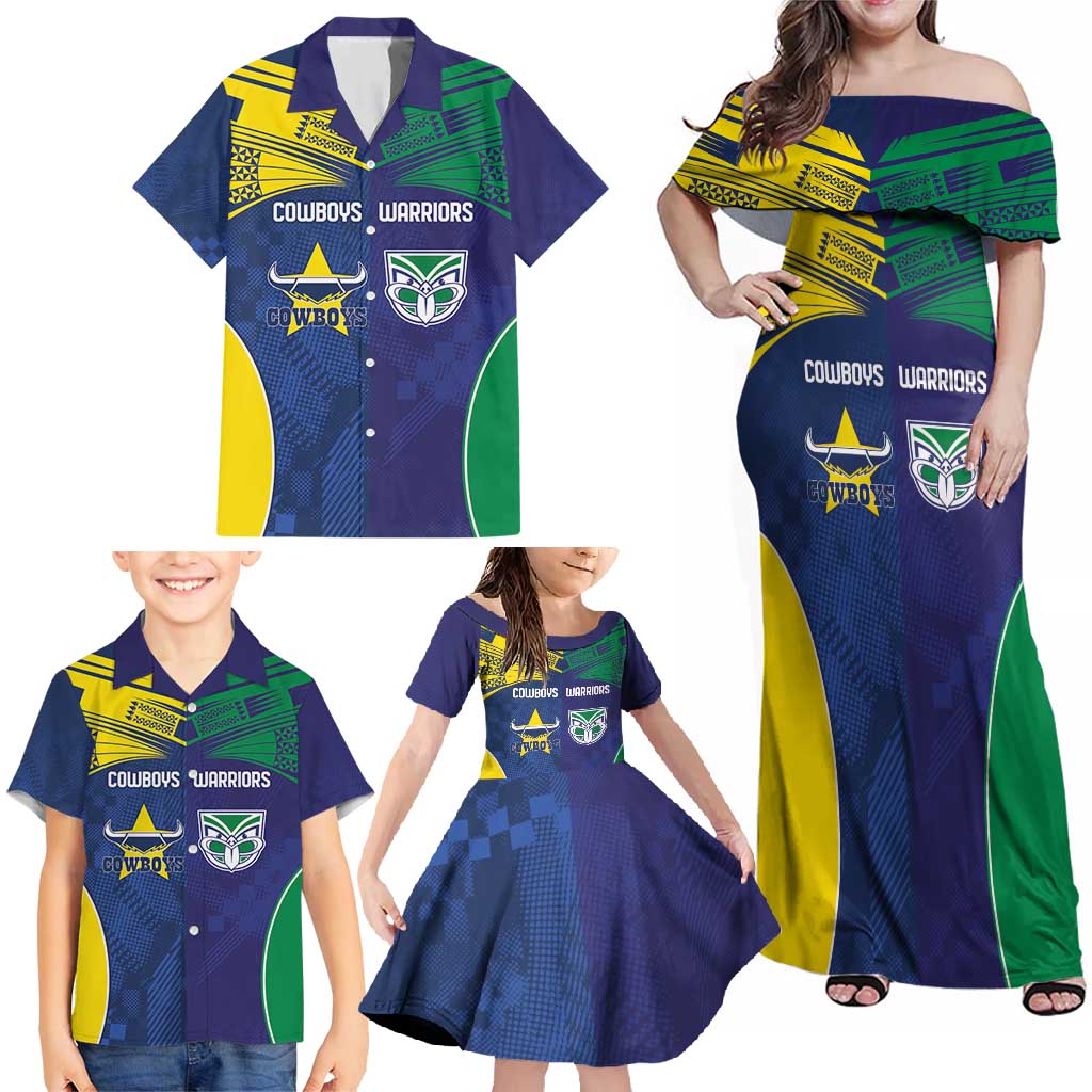 Custom Warriors-Cowboys Family Matching Off Shoulder Maxi Dress and Hawaiian Shirt Together Sporty Style