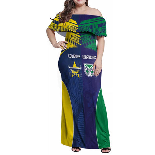 Custom Warriors-Cowboys Family Matching Off Shoulder Maxi Dress and Hawaiian Shirt Together Sporty Style