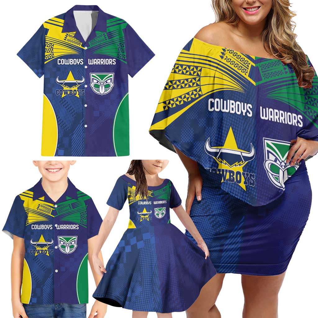 Custom Warriors-Cowboys Family Matching Off Shoulder Short Dress and Hawaiian Shirt Together Sporty Style