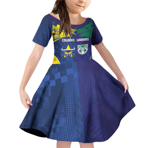 Custom Warriors-Cowboys Family Matching Off Shoulder Short Dress and Hawaiian Shirt Together Sporty Style