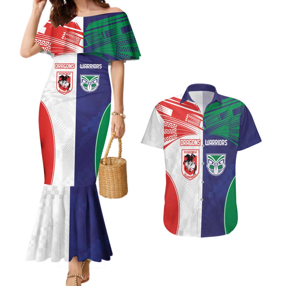 Custom Warriors-Dragons Couples Matching Mermaid Dress and Hawaiian Shirt Together Sporty Style