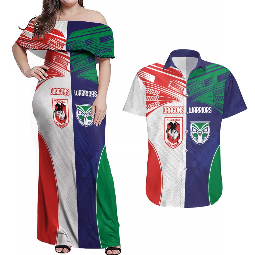 Custom Warriors-Dragons Couples Matching Off Shoulder Maxi Dress and Hawaiian Shirt Together Sporty Style