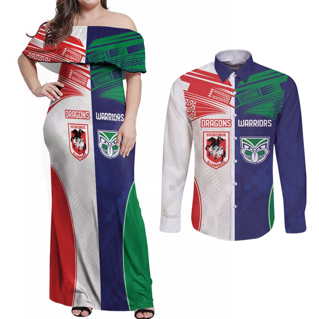 Custom Warriors-Dragons Couples Matching Off Shoulder Maxi Dress and Long Sleeve Button Shirt Together Sporty Style