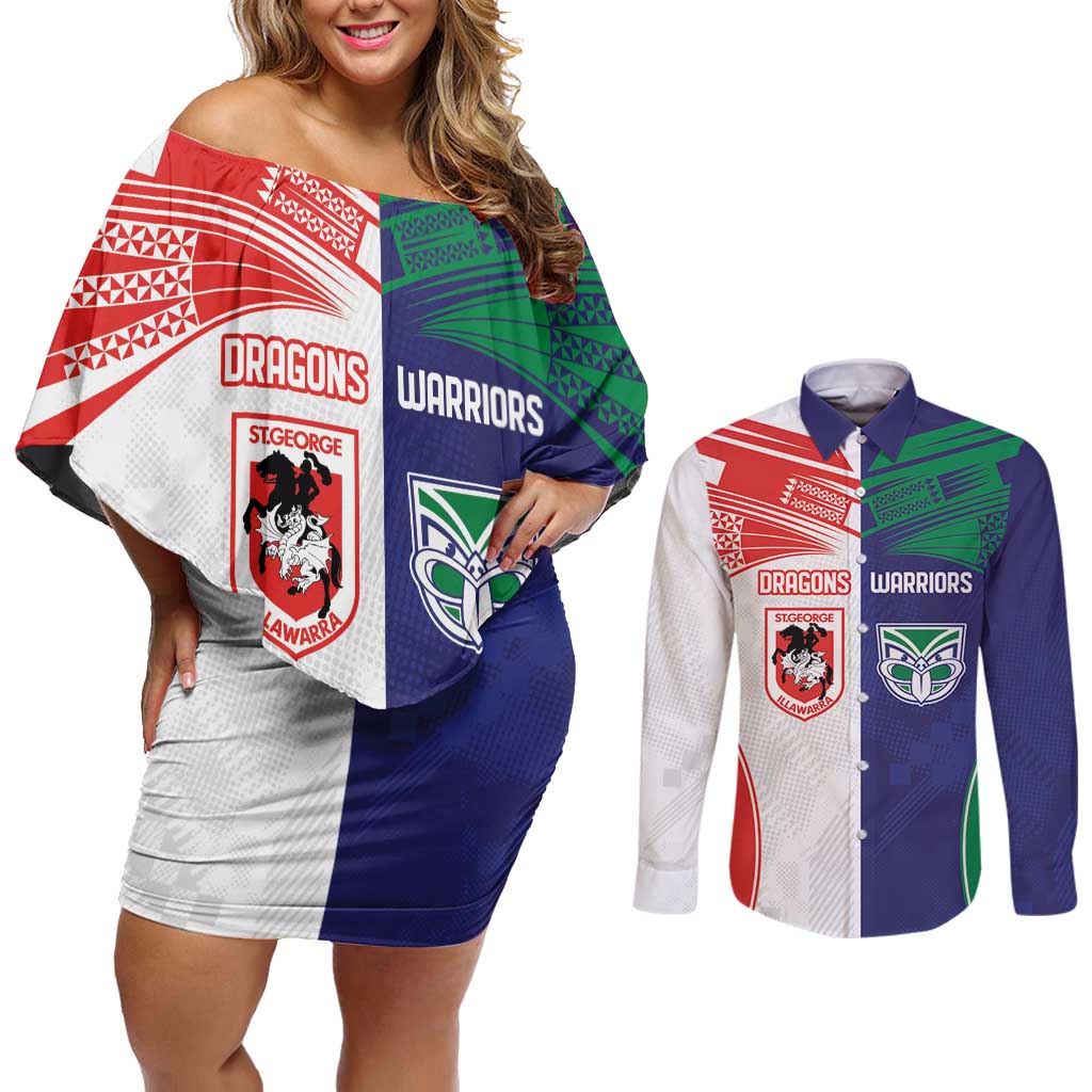 Custom Warriors-Dragons Couples Matching Off Shoulder Short Dress and Long Sleeve Button Shirt Together Sporty Style