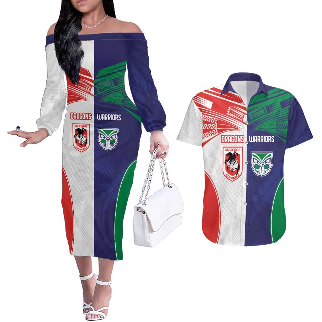 Custom Warriors-Dragons Couples Matching Off The Shoulder Long Sleeve Dress and Hawaiian Shirt Together Sporty Style