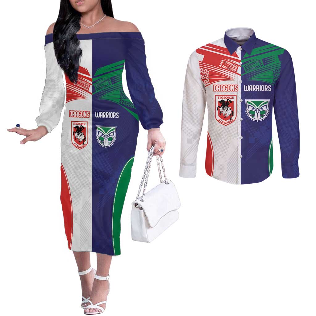 Custom Warriors-Dragons Couples Matching Off The Shoulder Long Sleeve Dress and Long Sleeve Button Shirt Together Sporty Style