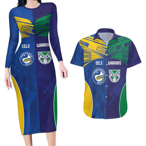 Custom Warriors-Eels Couples Matching Long Sleeve Bodycon Dress and Hawaiian Shirt Together Sporty Style