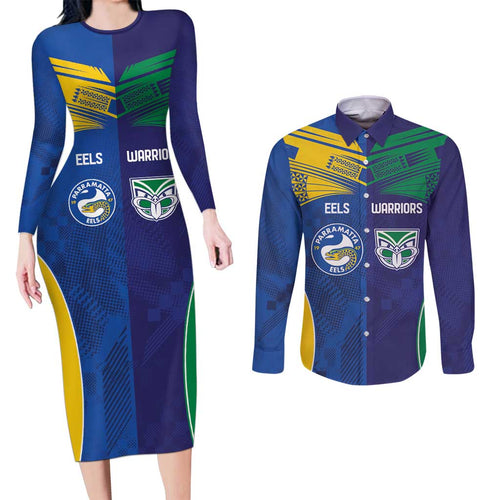 Custom Warriors-Eels Couples Matching Long Sleeve Bodycon Dress and Long Sleeve Button Shirt Together Sporty Style