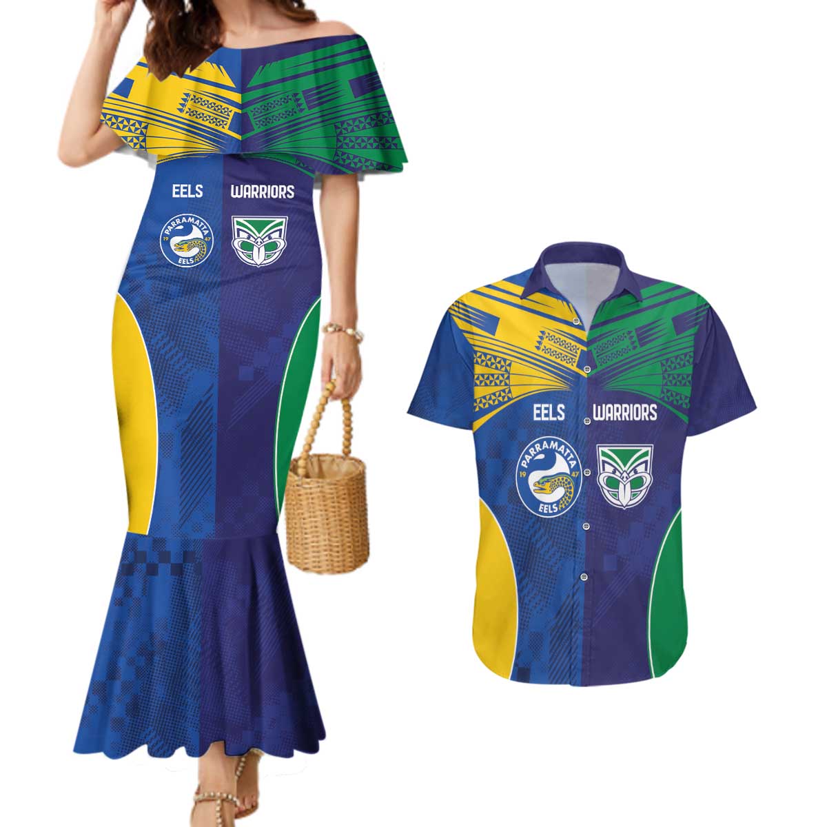 Custom Warriors-Eels Couples Matching Mermaid Dress and Hawaiian Shirt Together Sporty Style