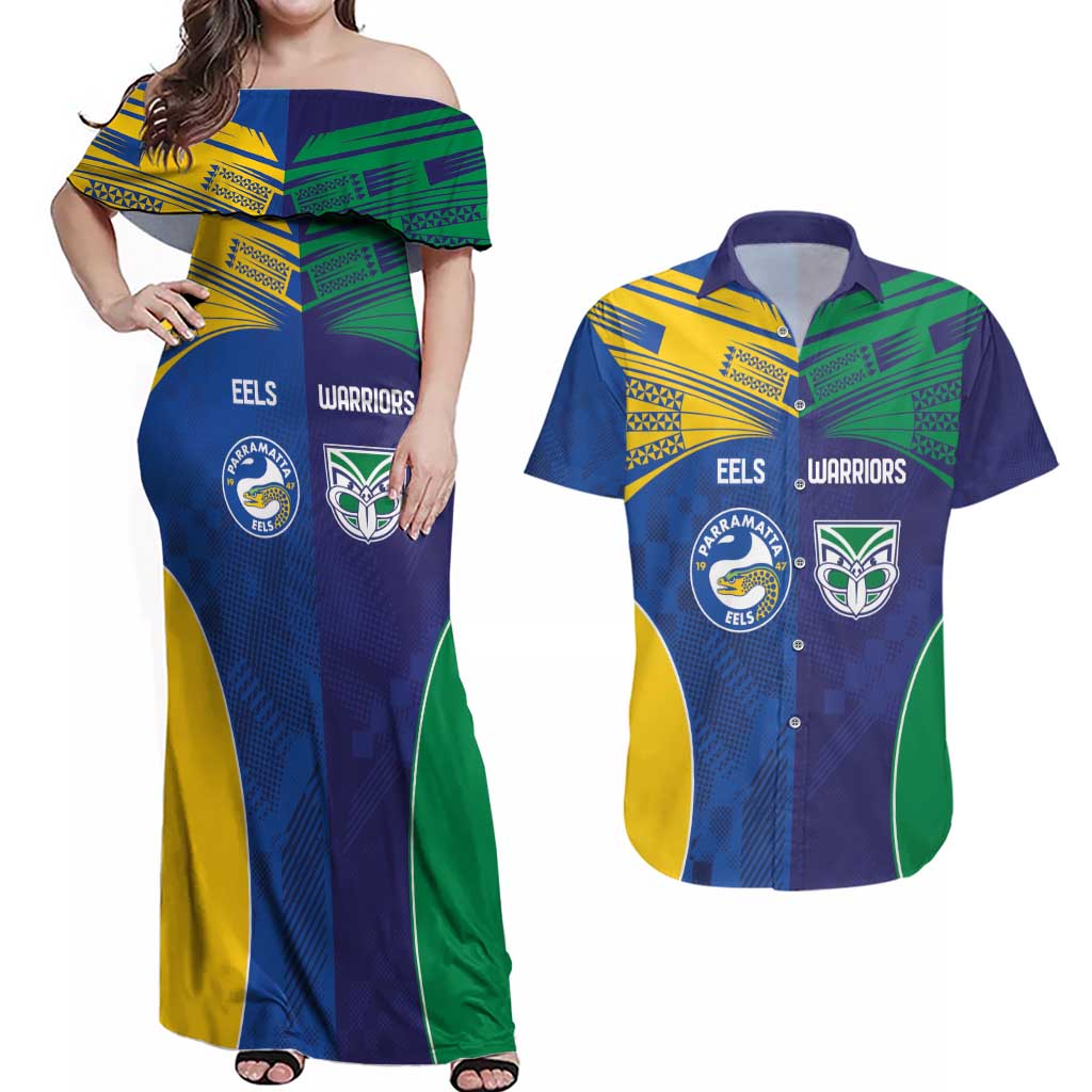 Custom Warriors-Eels Couples Matching Off Shoulder Maxi Dress and Hawaiian Shirt Together Sporty Style
