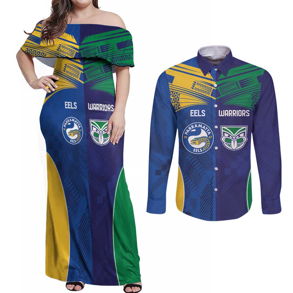 Custom Warriors-Eels Couples Matching Off Shoulder Maxi Dress and Long Sleeve Button Shirt Together Sporty Style