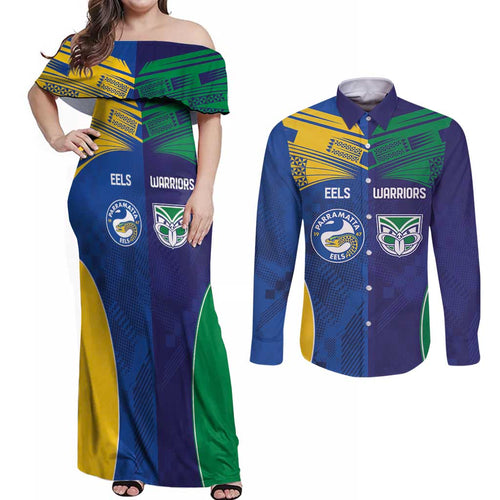 Custom Warriors-Eels Couples Matching Off Shoulder Maxi Dress and Long Sleeve Button Shirt Together Sporty Style