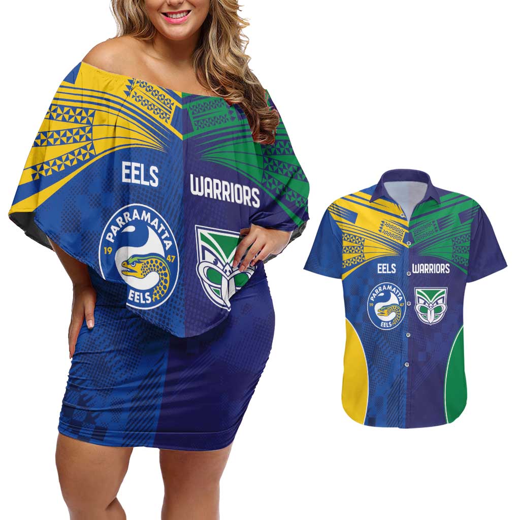Custom Warriors-Eels Couples Matching Off Shoulder Short Dress and Hawaiian Shirt Together Sporty Style