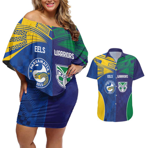 Custom Warriors-Eels Couples Matching Off Shoulder Short Dress and Hawaiian Shirt Together Sporty Style