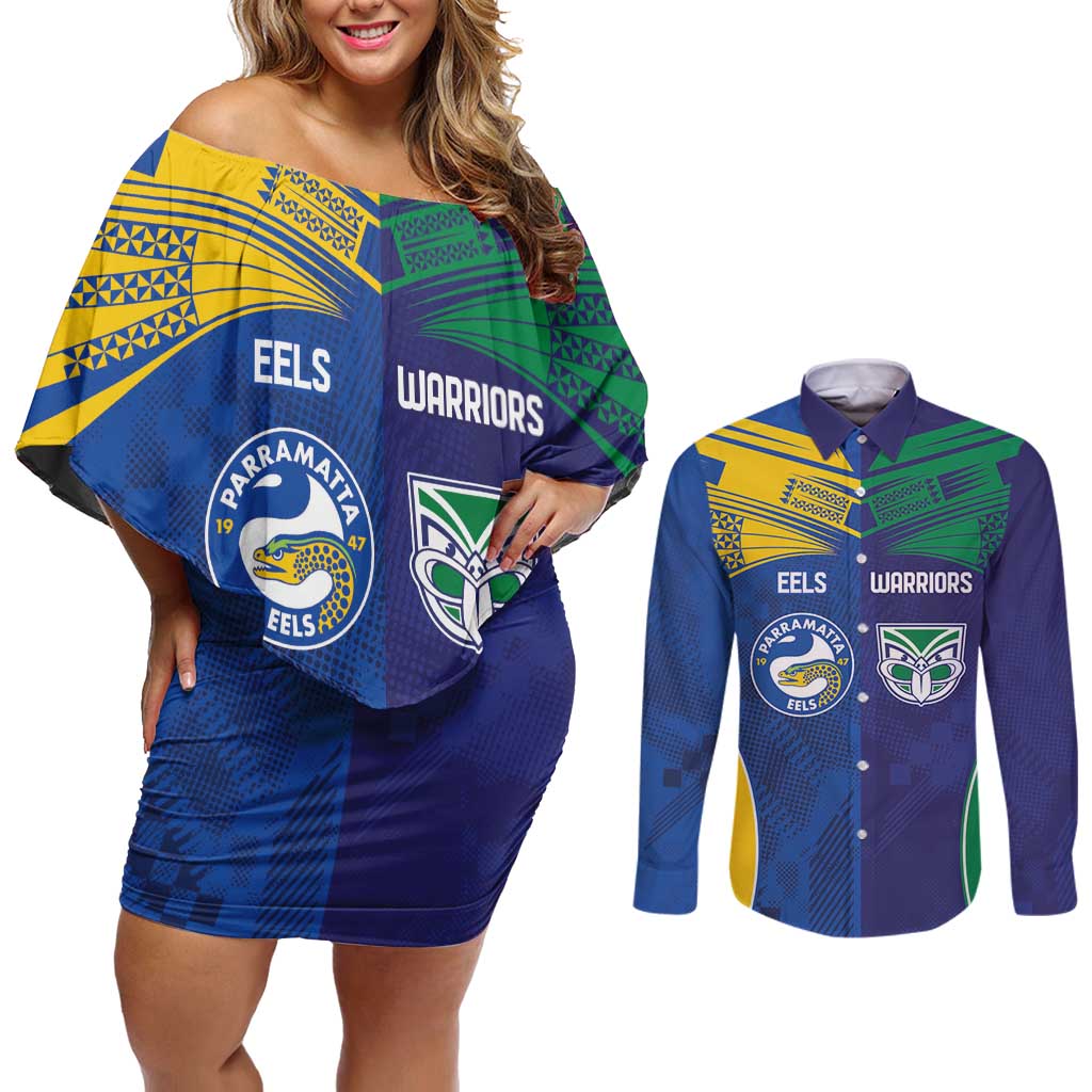 Custom Warriors-Eels Couples Matching Off Shoulder Short Dress and Long Sleeve Button Shirt Together Sporty Style