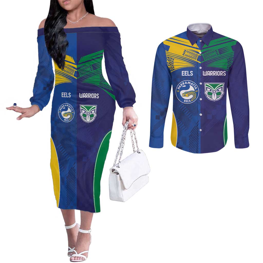 Custom Warriors-Eels Couples Matching Off The Shoulder Long Sleeve Dress and Long Sleeve Button Shirt Together Sporty Style
