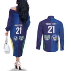 Custom Warriors-Eels Couples Matching Off The Shoulder Long Sleeve Dress and Long Sleeve Button Shirt Together Sporty Style