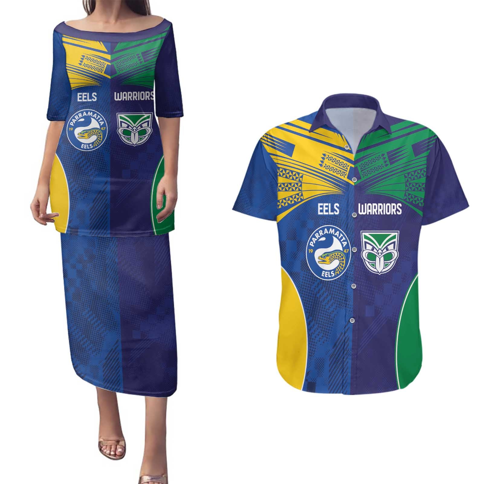 Custom Warriors-Eels Couples Matching Puletasi and Hawaiian Shirt Together Sporty Style